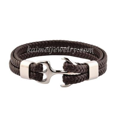 China FASHIONABLE Luxury Mens High Finish Stainless Steel Accessory Anchor Braided Leather Bracelet For Men for sale