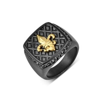 China High Quality Trendy Pattern Men's Fashion Jewelry 316L Stainless Steel Matte Black Ring Gold Fleur De Lis Ring for sale