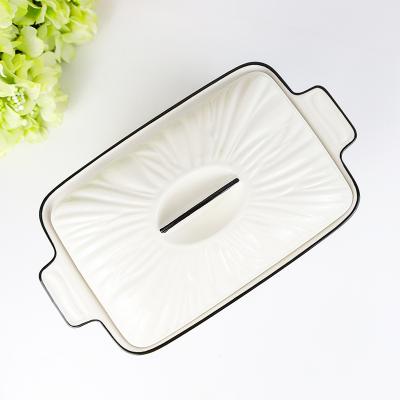 China Viable Hot White Ceramic Porcelain Rectangle Style Dishes Baking Pans Baking Pans with Lid and Handle for sale