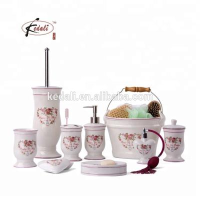 China Sustainable Style Ceramic Bathroom Set With Flowers Pattern Bathroom Accessory Sets for sale