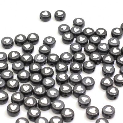 China Jewelry wholesale, hot sale7*4mm black round flat with white heart beads acrylic alphabet spacer bead for jewelry making DIY for sale