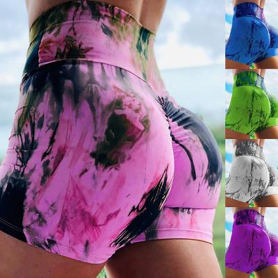 China QUICK DRY European and American popular style women's tie dye printed thin spot pleat buttocks yoga pants shorts exercise shorts for sale