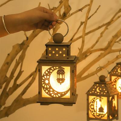 China New Product Star Moon Wooden Castle Shaped Nature Wood Eid Mubarak Kareem Lantern Ramadan Led Light for sale