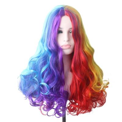 China Wholesale Water Wave Women Colored Long Rainbow Wavy Wig Heat Resistant Synthetic Hair Wigs Cosplay for sale