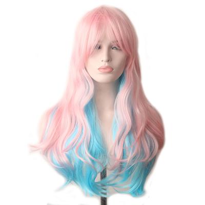 China Long Water Wave Heat Resistant Rainbow Colored Synthetic Wigs Hair Water Wave Cosplay Wig With Bangs for sale