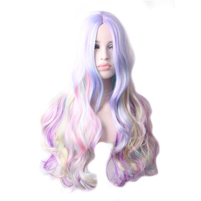 China Cheap Water Wave Women's Cosplay Wavy Rainbow Rainbow Colored Wigs Heat Resistant Synthetic Hair Wigs for sale