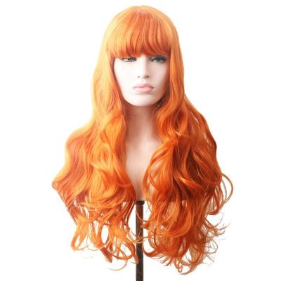 China Cheap Women Water Wave Wavy Heat Resistant Orange Long Wigs With Bangs Cosplay Wig Synthetic Hair for sale