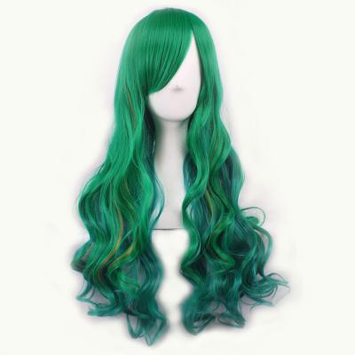 China Water Wave Halloween Red Purple Pink Colored Cosplay Wigs Women Long Hair Green Synthetic Wig With Bangs Wave for sale