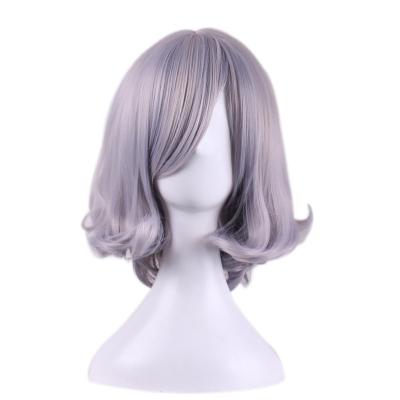 China Synthetic Hair Gray Bob Short Wig With Bangs Silver Wave Women Cheap Silky Straight Heat Resistant Cosplay Wigs for sale