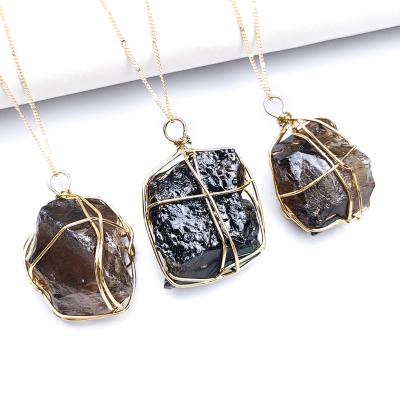 China China Natural Raw Irregular Stone Amethyst Smoky Quartz Gold Plated Handmade Wire Wrapped Pendant Necklace for sale