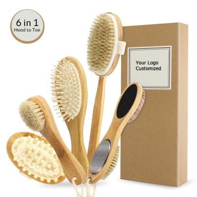 China Long Handle 6 in 1 Toe Body Brush Set Natural Bamboo Bristle Shower Brush Dry Head Brush Set Natural for sale