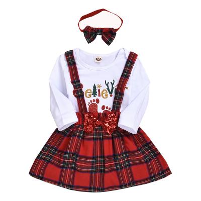 China Hair Top Band Skirt Bow Strap Antibacterial Girl's Plaid Printed Long Sleeve Three-Piece Set for sale