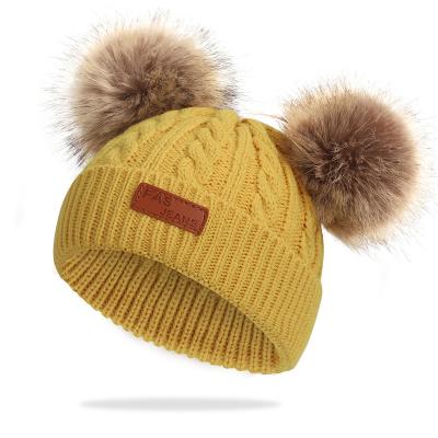 China COMMON Infant Toddler Baby Knitting Double Pure Pom Pom Boys Girls Beanie Cap Winter Color Warm Wool Hat Kids Winter Hats for sale