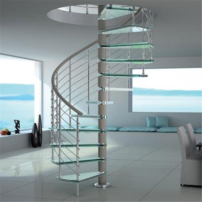 China Modern Helical Staircase With Wooden Tread Balustrade Frameless Glass Spiral Stairs for sale