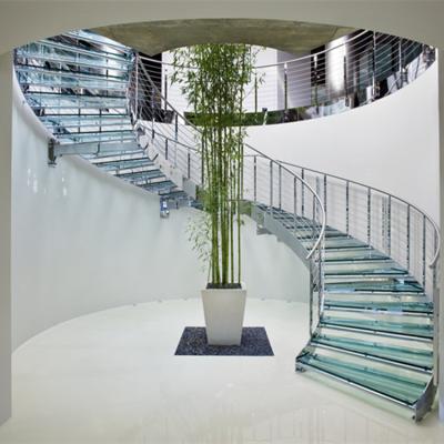 China Modern design modern curvedl staircase with glass tread and glass balustrade for sale