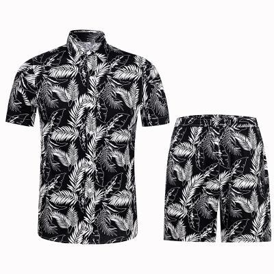 China Anti-pilling new trend custom design two-piece suit beach wear casual stylish black floral prints Hawaii shirt men for sale