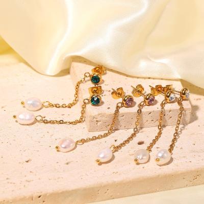 China Fashionable wholesale price 14k gold plated earrings jewelry waterproof iced out long chain pearl dangle women's zircon earrings for sale