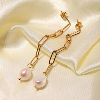 China FASHION female jewelry earrings wholesale 18K stainless steel gold plated pearl chain drop earrings for sale