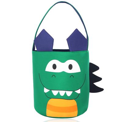 China Cute Soft Dinosaur Kids Gift Wholesales Canvas Embroidered Bucket Halloween Candy Bucket for sale