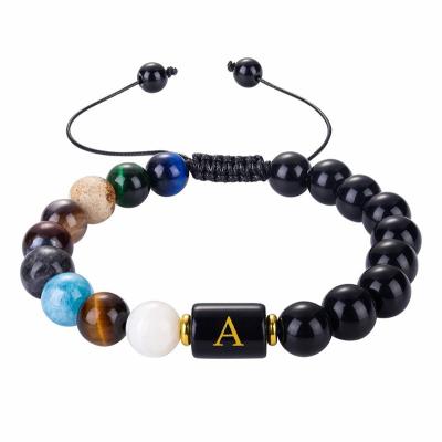 China Fashion Bangle 10MM Natural Stone Agate 26 Letters Eight Woven Black Planets Energy Beaded Bracelet for sale