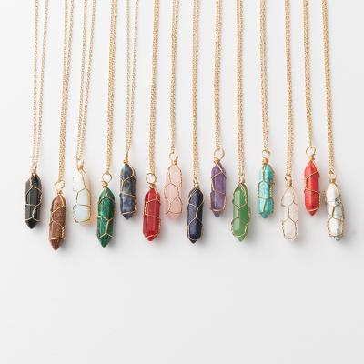 China Hot Trendy Natural Column Wrap Crystal Quartz Stone Pointed Hexagonal Wrap Jewelry Fashion Pendant Necklaces for sale