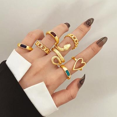 China TRENDY Cheap Jewelry Stainless Steel Rings Set For Women Gold Plated Link Chain Wide Band Geometric Twisted Open Adjustable Rings for sale