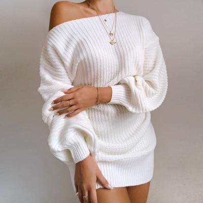 China 2022 Summer Anti-pilling Solid Color Sweater Mini Dress One Shoulder Sweater Stylish Clothing Round Neck for sale