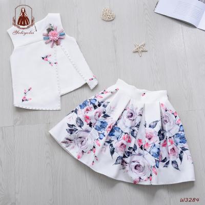 China Wholesale Casual Solid Fabric Flower Pattern Irregular Sleeveless Top White Pink Pink Top Girl's Clothing Set For Kids for sale