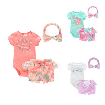 China Shorts Sleeves Payifang Baby Clothing Sets 3-12 M Baby Overall Fashion Summer Baby Romper Bow Headband For for sale