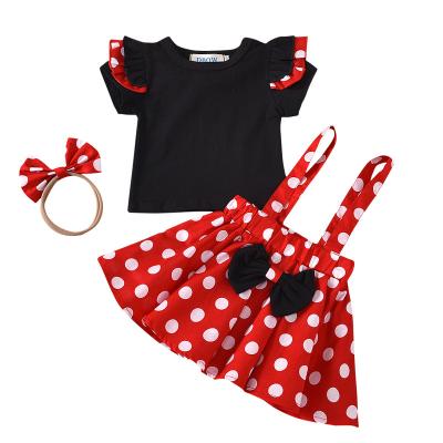 China Sweet Fashionable Babies Clothing Sets Cotton Baby Dress Party Cartoon Braces Border 0-3 Years With Headband en venta