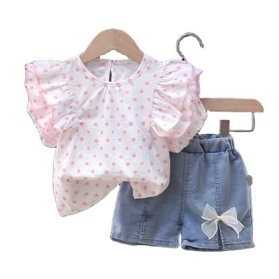 China Girls Breathable Comfy Jeans Sets Girls Polka Dot Boutique T-shirt Kids Girls Clothes Set and Cowboy Pants Set for sale