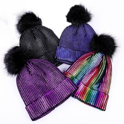 China 2020 Hot Gold Warm Winter Gold Metallic Shiny Knitted Skull Beanie Hat for sale