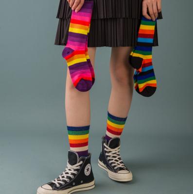 China 2020 New Autumn Winter Tube Color Mixed Medium Rainbow Tube Antibacterial Cotton Striped Socks for sale