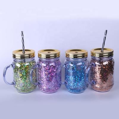 China Modern In The Stork 20oz Double Wall Glitter Plastic Mason Jar With Handler for sale