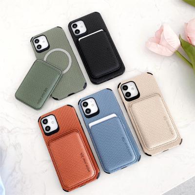 China Shockproof Fiber Magnetic Leather Phone Case Wallet Secure Card Slot For Samsung S22 Promax 11 Ultra S21 Iphone 13 Shell Wireless Charger for sale