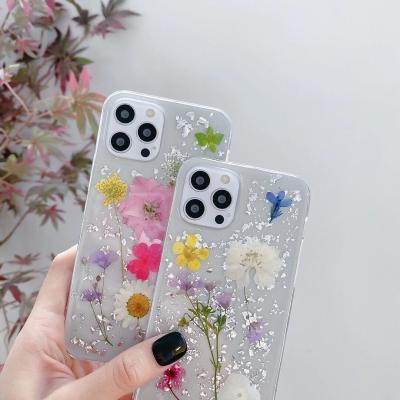 China Real Dry Pressed Luxury Flower Phone Case 2021 Sliver Shockproof Aluminum For iphone13 pro max clear transparent phone case with ODM&OEM for sale