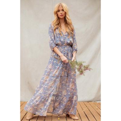 China Summer Breathable Ladies Maxi Dress With Buttons Down Spring Sleeve 3/4 Sleeve Floral Trim Lace Insert Detail Chiffon Jacquard Long Dress for sale