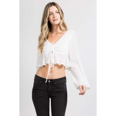 China Anti-wrinkle women spring viscous jacquard long sleeves casual v-neck blouse with back slit and tie front cropped tops for sale