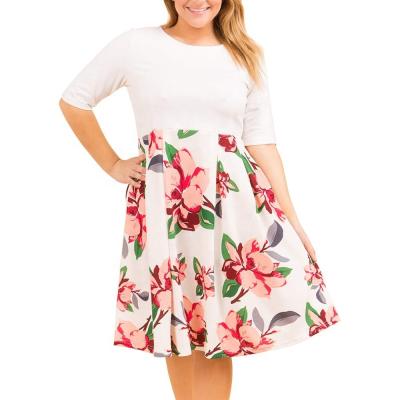 China Anti-wrinkle plus size dresses for women fit and flare floral print summer crew neck skater Midi casual dress with pockets for sale