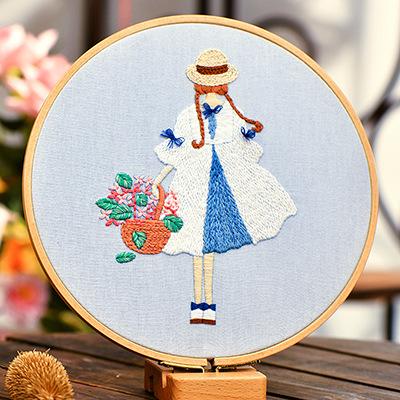 China Europe DIY Embroidery Kits With Embroidery Hoops Cartoon Girl Patterns Handmade Sewing Set Crafts Friend Gift for sale