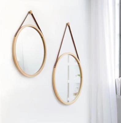 China Industrial Decorative Wall Hanging Bathroom Mirror With Trap Round Leather Bamboo Frame Bathroom Wall Mirror for sale