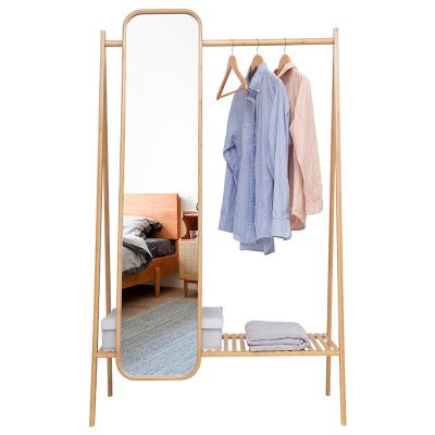 China Industrial Bamboo Free Standing Cloth Room Bed Living Room Furniture Rack Rectangle Robe Hanging Bamboo Mirror for sale