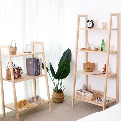 China Simple Style Sustainable Solid Wood Furniture OEM Accepted 3 Layer Factory Rack Rack Ladder Shaped Wood Storage Racks for sale