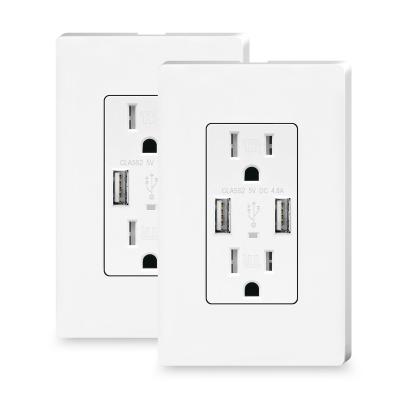 China PC 15 Amp USB Power Outlet 4.8A/24W Dual USB Wall Outlet With Tamper-Resistant PC Wall Outlet 110V CE Standard Grounding FCC for sale