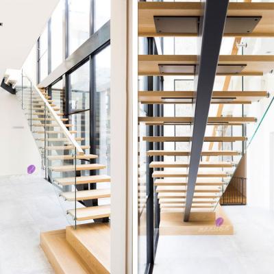 China Stringer Acacia Wood Stair Treads Contemporary Interior Steel Glass Rail Wooden Stairs for sale