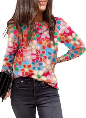 China Casual Polka Dots Tops Crewneck Camisas de manga larga Camisetas ligeras sueltas en venta