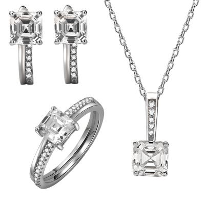 China CLASSIC Micro Set Ring Earrings Necklace S925 Sterling Silver Square Zircon Temperament Three Piece Set for sale