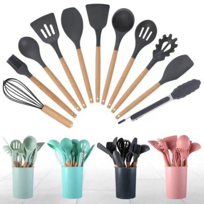 China Viable 12 In 1 Kitchenware Home Accessories Wooden Handle Cooking Tool Household Silicone Utensils 12 Pcs Colorful Kitchen Utensil Set for sale