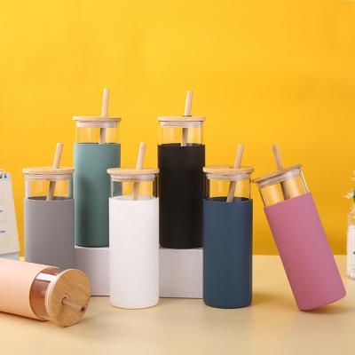 China Eco-friendly Bamboo Colorful Sleeve Lid Durable Borosilicate Silicone Customized Bottle Glass Water Bottles With Straw for sale