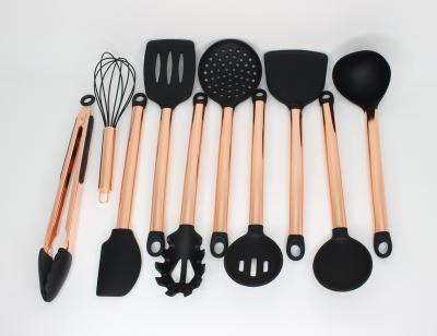 China Sustainable 10 Piece Mounted Gold Stainless Steel Handle Copper Silicone Cooking Kitchen Utensil Set for sale